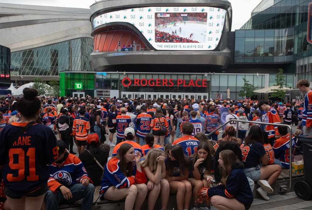 Fans watch as the Edmonton Oilers take on the Florida Panthers during Game 6 of the NHL Stanley Cup final in Edmonton, Tuesday, June 17, 2025.