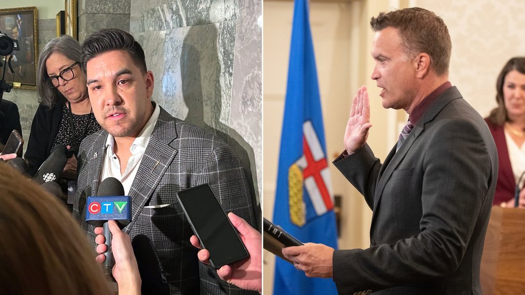 This composite image shows former United Conservative Party MLA Scott Sinclair, left, at the Alberta legislature building in Edmonton on Monday, March 10, 2025, and former UCP infrastructure minister Peter Guthrie, in Edmonton, on Friday, June 9, 2023.