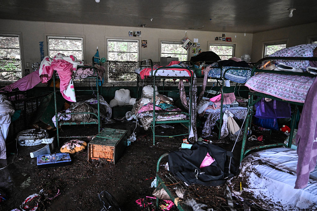 A view inside of a cabin at Camp Mystic, the site of where at least 20 girls went missing after flash flooding in Hunt, Texas, on July 5, 2025. Rescuers were on Saturday searching for more than 20 girls missing from a riverside summer camp in the US state of Texas.