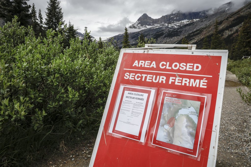 A closed sign blocks the trail to Bow Glacier Falls north of Lake Louise, Alta., in Banff National Park on Friday, June 20, 2025.