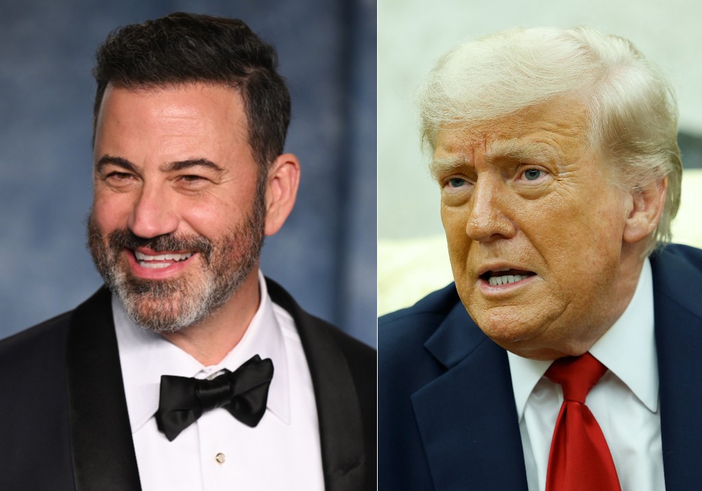 (L-R:) Jimmy Kimmel attends the 2023 Vanity Fair Oscar Party and U.S. President Donald Trump delivers remarks during a meeting with NATO Secretary General Mark Rutte in the Oval Office at the White House on July 14, 2025.