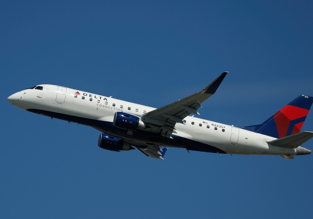 A file photo of a Delta Connection, operated by SkyWest Airlines Embraer E175LR aircraft departs from San Diego International Airport for Los Angeles on March 4, 2025 in San Diego, California.