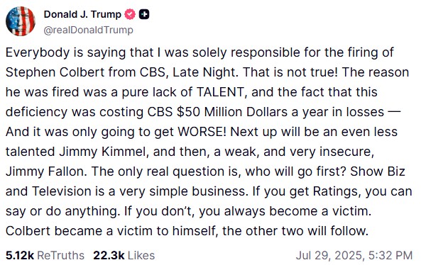 A screenshot of Donald Trump's post on Truth Social.