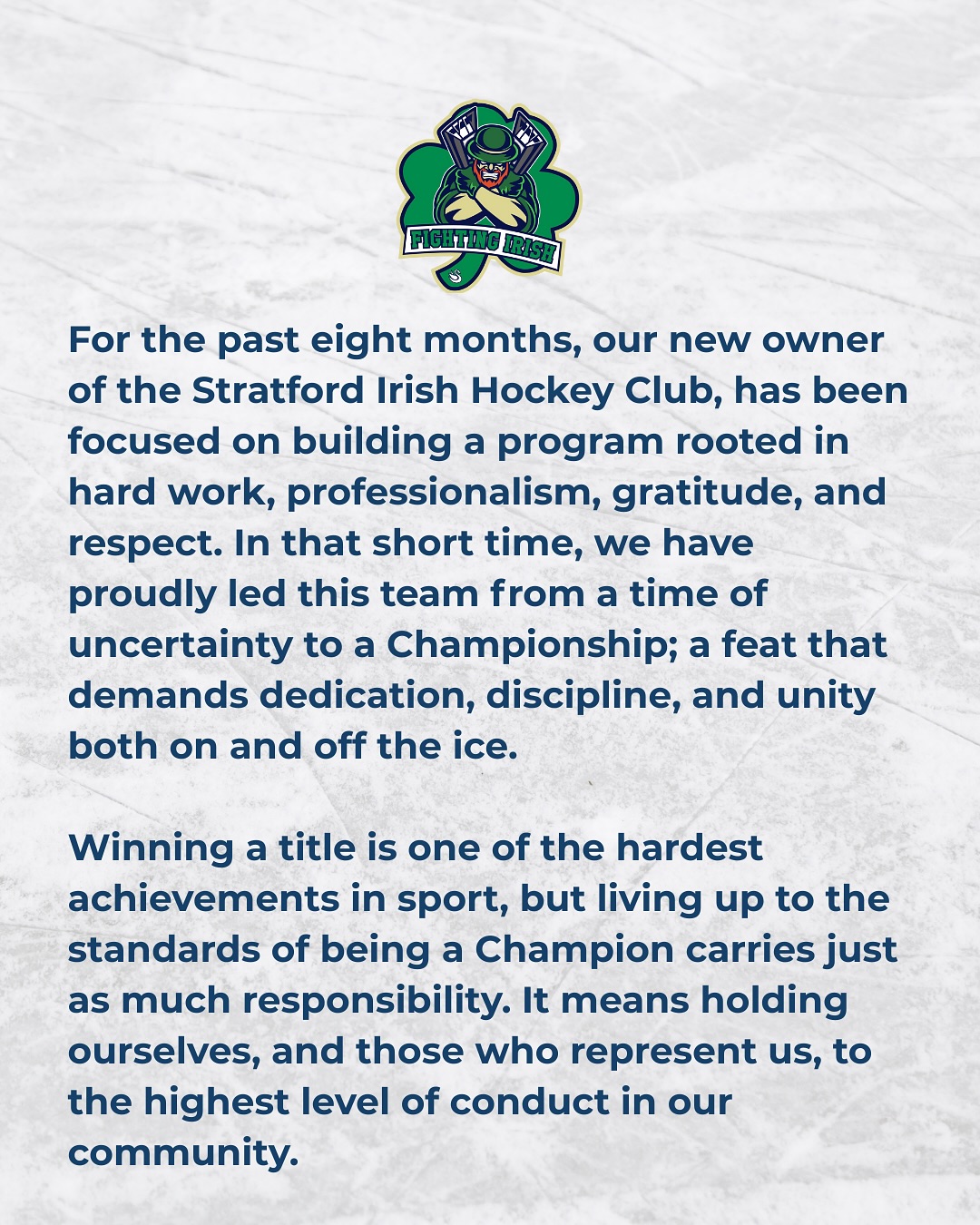 A written statement with the Stratford Fighting Irish logo at the top.