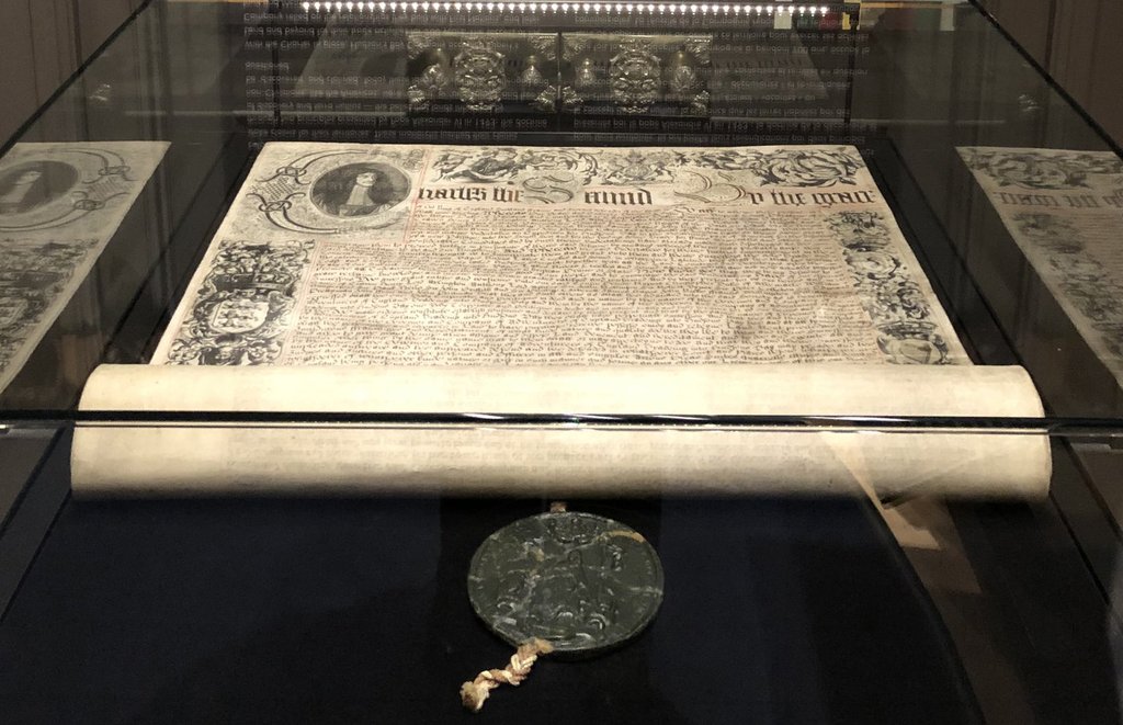 The 1670 royal charter signed by King Charles II establishing Hudson's Bay, is shown on display at the Manitoba Museum where it was loaned to be displayed alongside its permanent collection of Hudson's Bay artifacts, in this 2020 handout photo. THE CANADIAN PRESS/Handout -  Manitoba Museum  (Mandatory Credit).