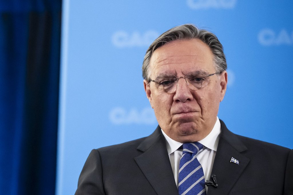 Premier François Legault gives remarks at an election event in Victoriaville, Que., on Monday, Aug. 11, 2025.