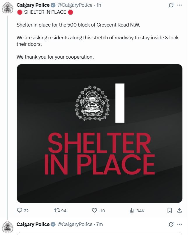 In a post on social media, Calgary police are asking people in the 500 block of Crescent Road northwest to stay inside and lock their doors.