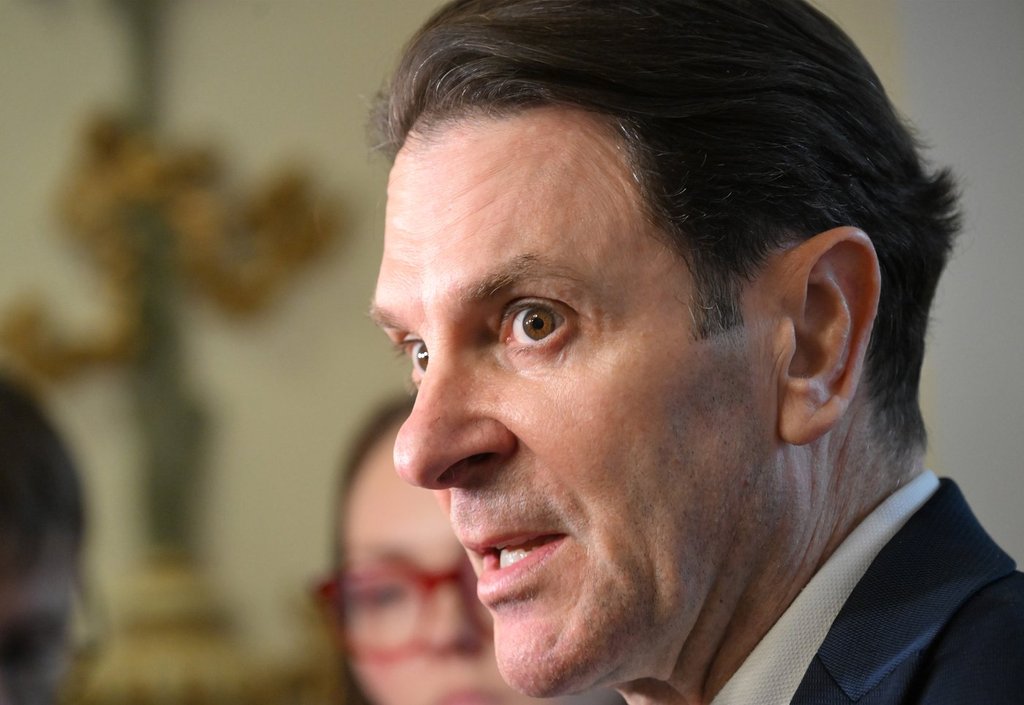Quebec Public Security Minister François Bonnardel responds to reporters questions at the legislature in Quebec City, Tuesday, Feb. 18, 2025.