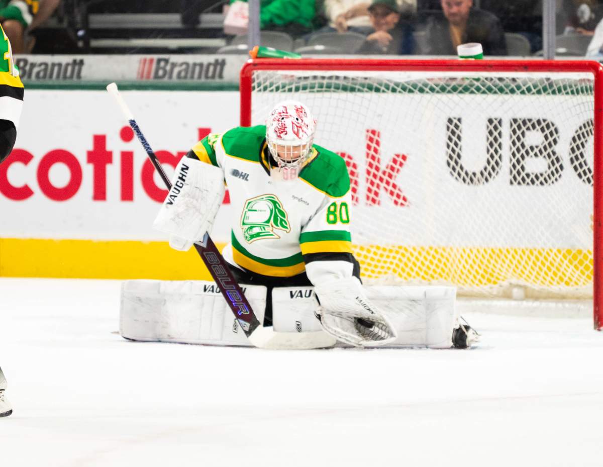 Seb Gatto of the London Knights makes one of his 29 saves in a 2-1 victory over the Erie Otters on Sept. 5 at Canada Life Place.