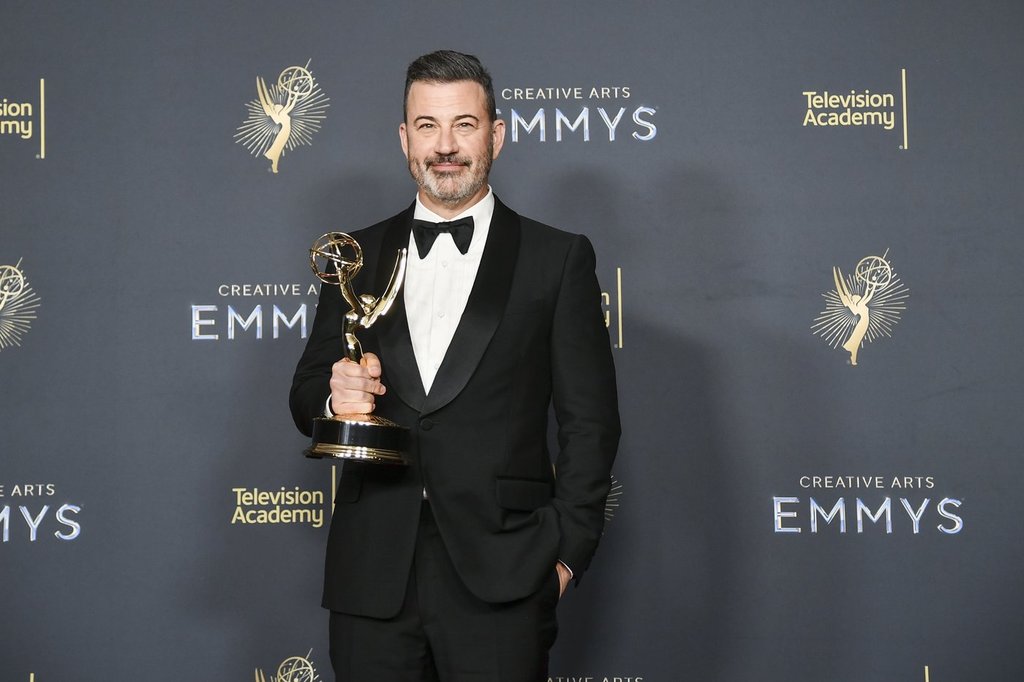 Jimmy Kimmel poses in the press room with the award for host for a game show for "Who Wants to Be a Millionaire" during night two of the Creative Arts Emmy Awards on Sunday, Sept. 7, 2025, at the Peacock Theater in Los Angeles.