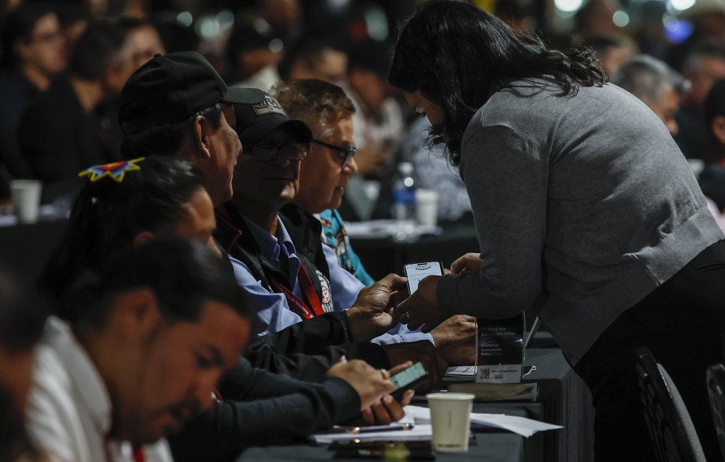 Delegates vote electronically on resolutions at the Assembly of First Nations (AFN) Annual General Assembly in Winnipeg on Wednesday, Sept. 3, 2025. THE CANADIAN PRESS/John Woods.