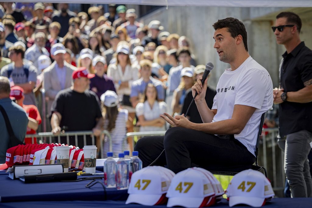 Charlie Kirk speaks before he is shot during Turning Point's visit to Utah Valley University in Orem, Utah, Wednesday, Sept. 10, 2025.