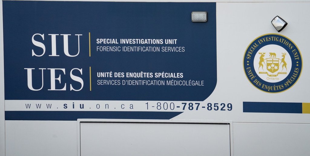 A Special Investigations Unit logo is seen on a truck in Mississauga, Ont., on Thursday, April 24, 2025. 