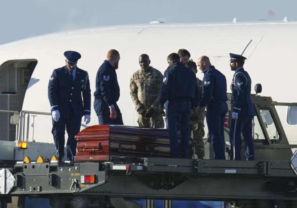 The casket containing the body of Charlie Kirk, the CEO and co-founder of Turning Point USA who was shot and killed on Wednesday, is removed from Air Force Two at Phoenix Sky Harbor International Airport, Thursday, Sept. 11, 2025 in Phoenix.