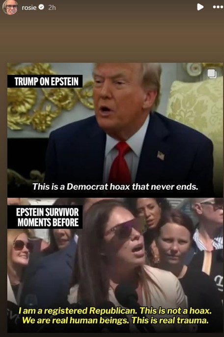 A screenshot of Rosie O'Donnell's Instagram Stories.