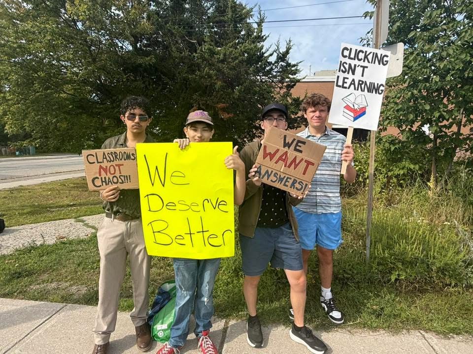 High school students in Parry Sound protesting having to learn online amid construction delays.