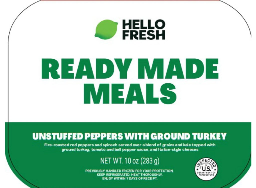 This image provided by U.S. Agriculture Department shows Hello Fresh Ready Made Meals Unstuffed Peppers with Ground Turkey, where Federal health officials late Monday, Oct. 6, 2025, warned people not to eat certain subscription meal kits containing spinach that may be contaminated with listeria and identified with Est. P-47718 and lot codes 50069, 50073 or 50698.(U.S. Agriculture Department via AP).