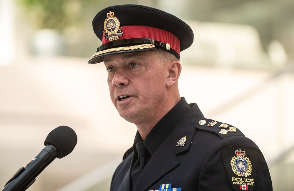 Edmonton Chief of Police Warren Driechel speaks during a press conference in Edmonton, Friday, Sept. 19, 2025. THE CANADIAN PRESS/Jason Franson.
