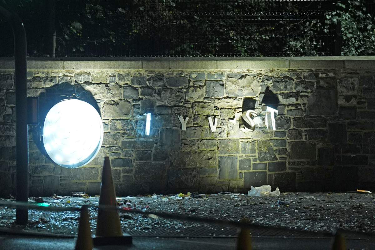 Damage is seen at the entrance of the Citywest Hotel, where disturbances have flared outside the Dublin hotel which used to house asylum seekers, Wednesday, Oct. 22, 2025. (Niall Carson/PA via AP)