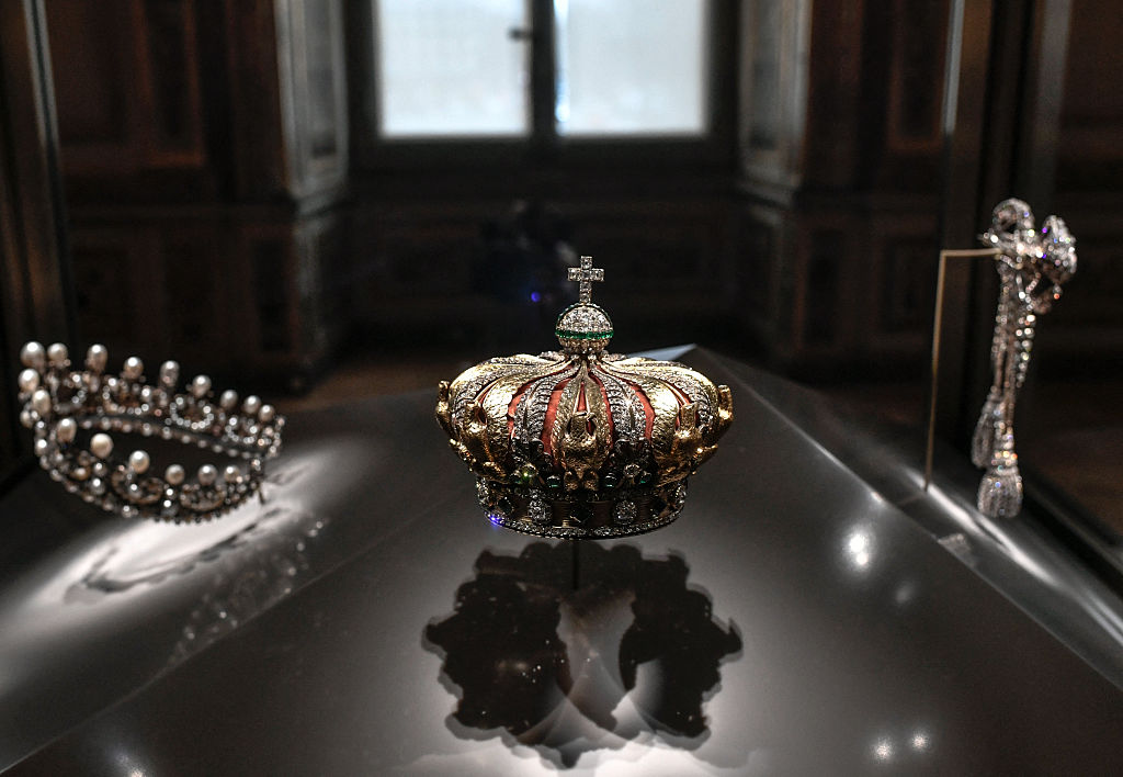 FILE - This picture shows the crown of the Empress of the French Eugénie de Montijo displayed at Apollon's Gallery on January 14, 2020 at the Louvre museum in Paris after the reopening of the Gallery following ten months of renovations.