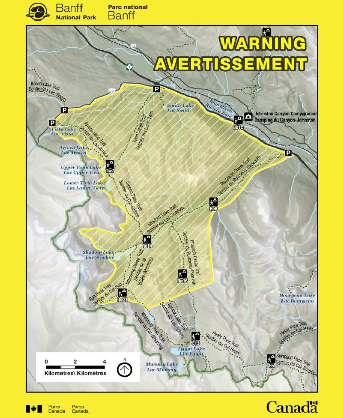 A map showing some popular areas of Banff National Park that are under a bear warning after several visitors reported having a close encounter with an adult grizzly.