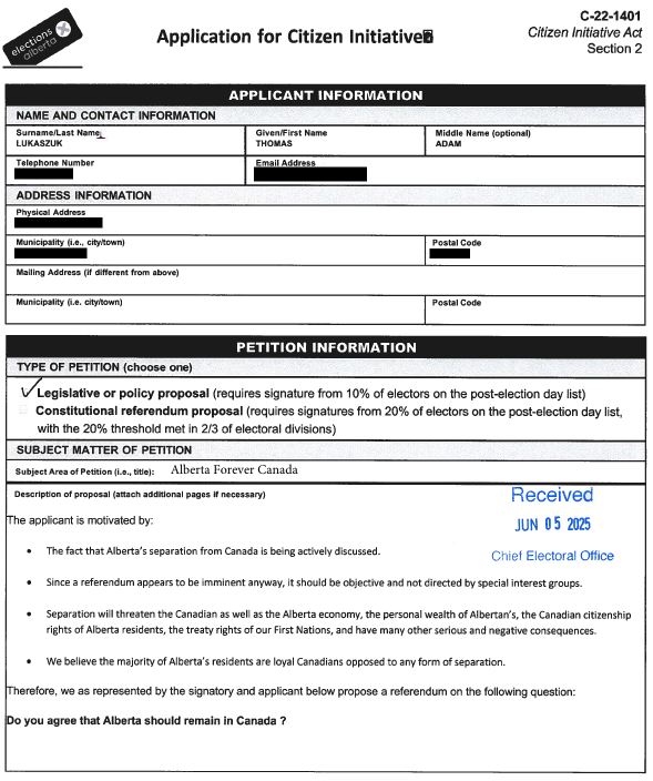 The application from the organizers of the Forever Canadian peitition asks the simple question "Do you agree that Alberta should remain within Canada?"