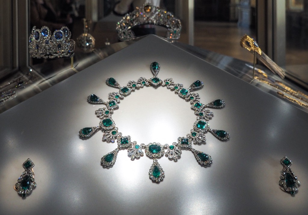 Necklace and earrings from the emerald set of Napoleon 1 s second wife Empress Marie Louise on display in the Apollo s gallery housing the royal collection of gems and diamonds of the French crown in Paris in France on May 20 of 2021.