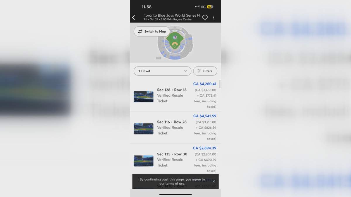 A screen grab of the Ticketmaster app shows high prices for World Series Game 1 tickets for the Toronto Blue Jays two hours after tickets went on sale on Oct. 21, 2025.