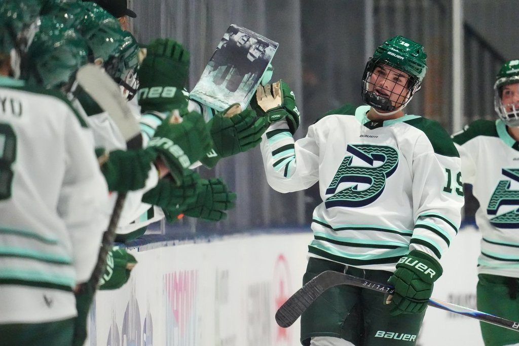 Boston Fleet centre Abby Newhook (19) celebrates with teammates after scoring against the Toronto Sceptres during second period PWHL action in Toronto on Saturday, Nov. 29, 2025. THE CANADIAN PRESS/Frank Gunn.