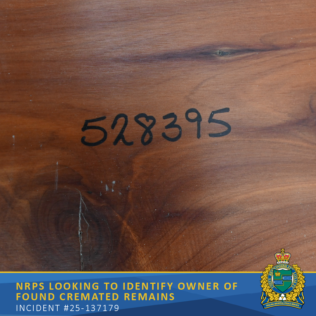 Police are asking for help identifying who left an urn marked with the number 528395 at a West Lincoln thrift store after staff discovered suspected cremated remains inside.