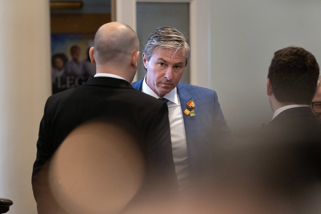 Nova Scotia Premier Tim Houston looks on at Province House following the speech from the throne in Halifax on Friday, Feb. 14, 2025.THE CANADIAN PRESS/Darren Calabrese.