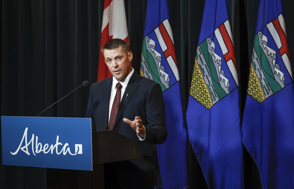 Alberta finance minister Nate Horner speaks to the media at a news conference in Calgary, Thursday, June 29, 2023.