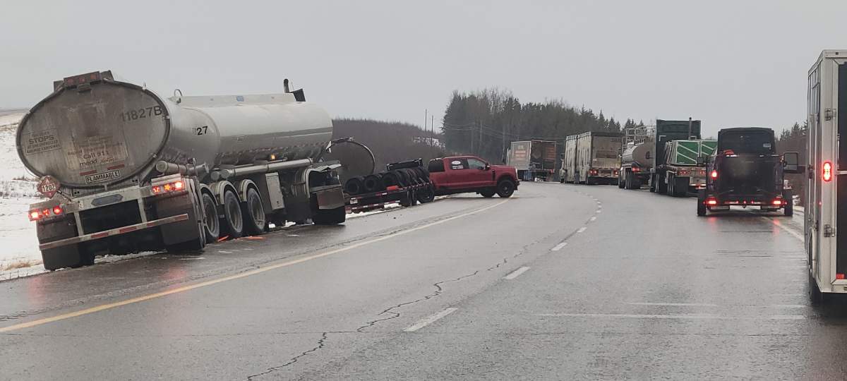 Freezing rain led to vehicles sliding off Highway 63, south of Fort McMurray, Alta., on Friday, November 21, 2025.