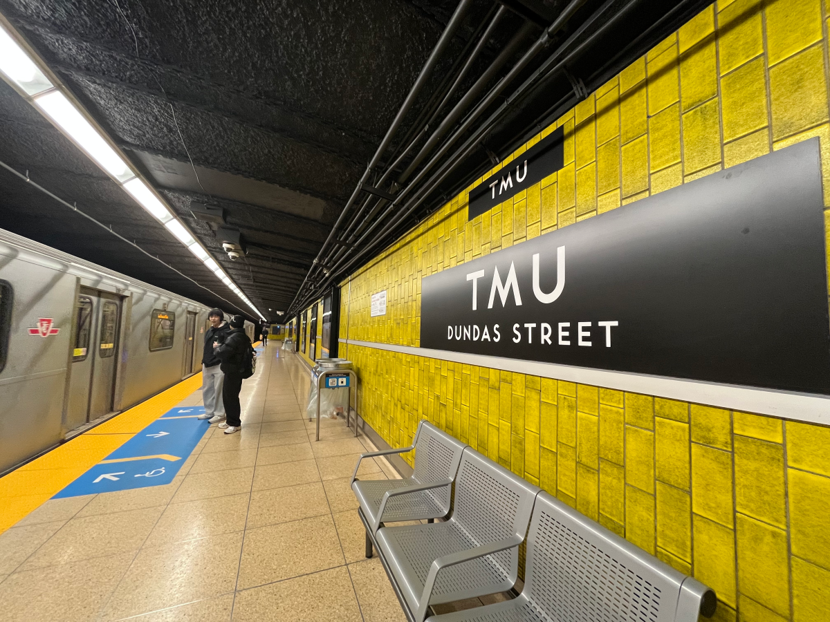 Temporary signage at the renamed TMU Subway Station.