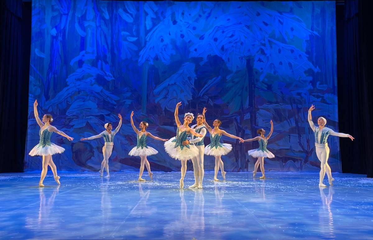Ballerinas dance during a performance of The Nutcracker - A Canadian Tradition in front of a hand-painted backdrop. 