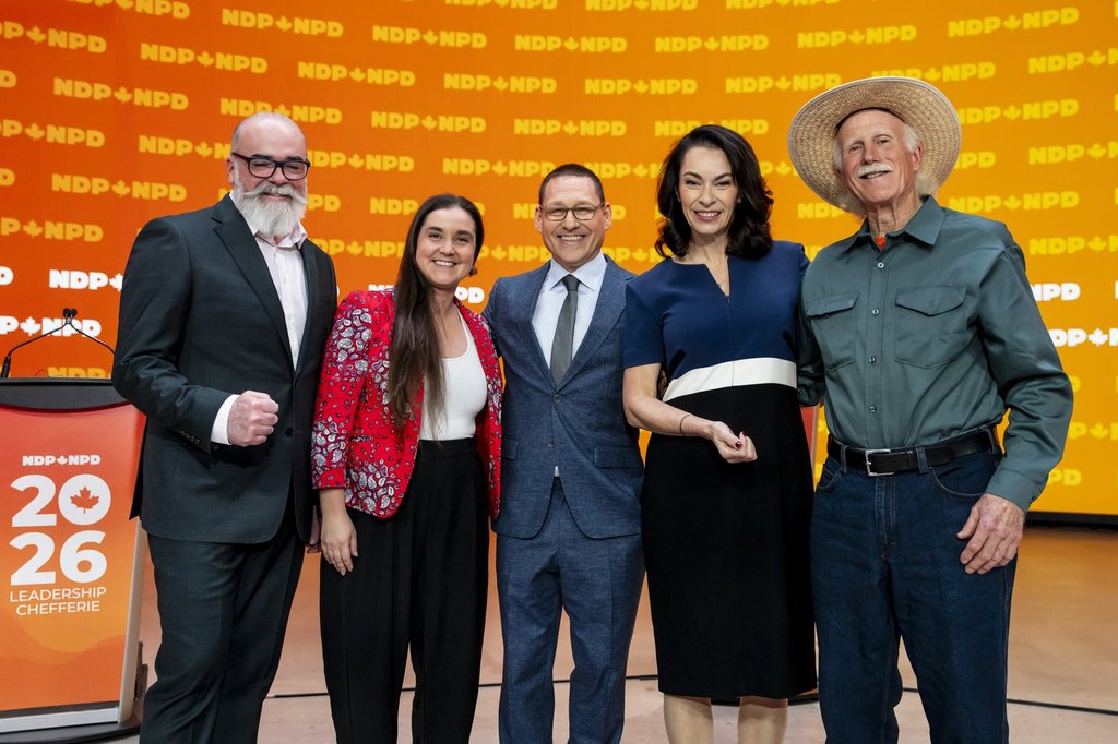NDP leadership candidates Rob Ashton, left to right, Tanille Johnston, Avi Lewis, Heather McPherson and Tony McQuail, pose for a photo following the NDP French language leadership debate, in Montreal on Thursday, Nov. 27, 2025. 