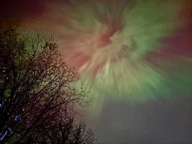 A green and red aurora is seen in the skies over Chestermere, Alta. on Tuesday, Nov. 11, 2025