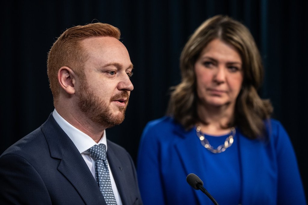 Alberta Justice Minister, Mickey Amery and Premier Danielle Smith announce proposed changes to several pieces of democratic process legislation, in Edmonton on Tuesday April 29, 2025.