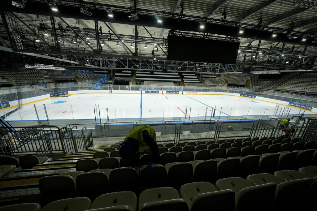 An overview of the Ice Skating Arena where some Ice Hockey matches of the Milan Cortina 2026 Winter Olympics will take place, in Rho, outskirt of Milan, Friday, Dec.5, 2025. (AP Photo/Luca Bruno).