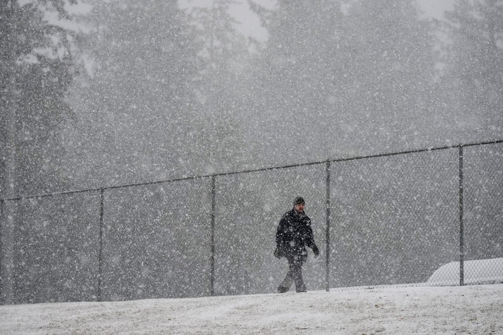Heavy snow falls as a pedestrian walks through Central Park in Burnaby, B.C., on Tuesday, Nov. 29, 2022. THE CANADIAN PRESS/Darryl Dyck.