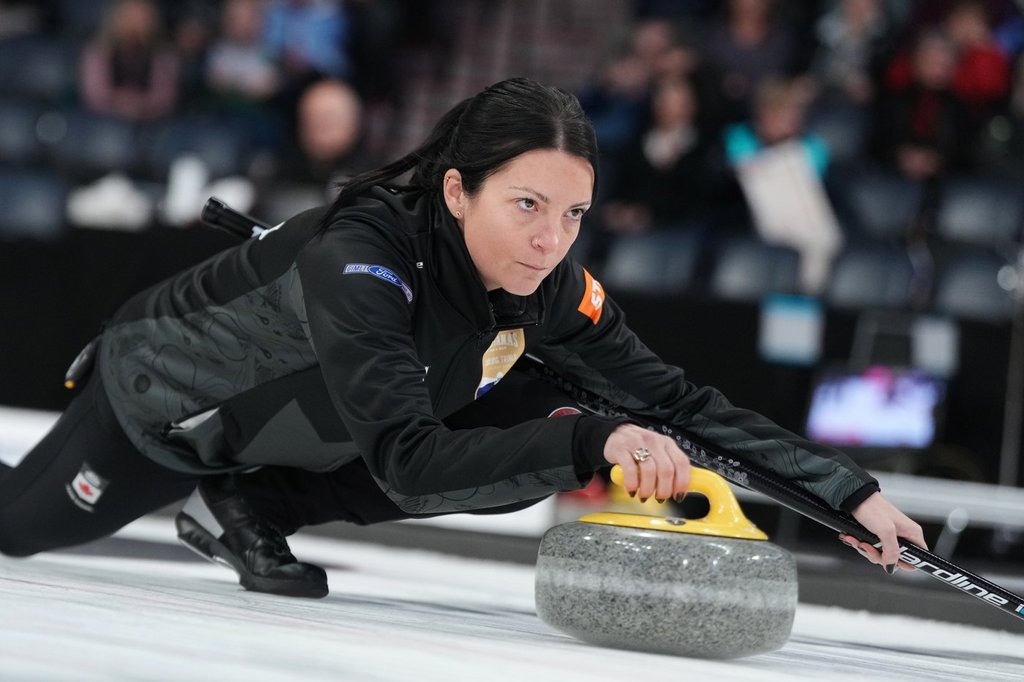 Kerri Einarson delivers a rock during the Montana's Canadian Curling Trials in Halifax on Nov. 27, 2025. THE CANADIAN PRESS/Darren Calabrese.