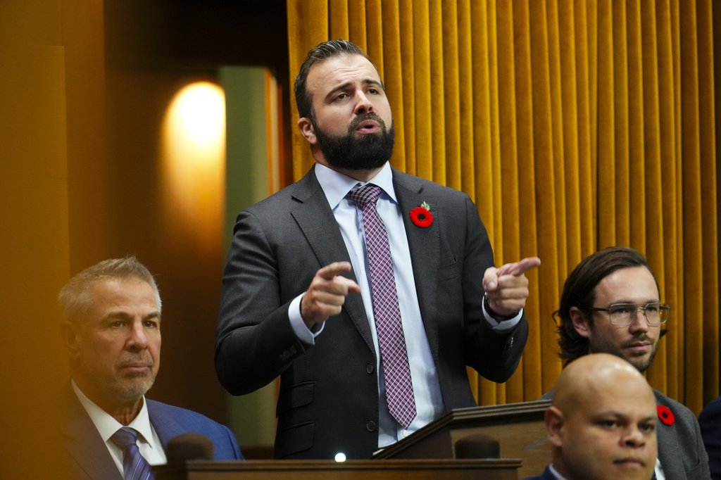 Conservative MP Aaron Gunn asks a question during question period in the House of Commons on Parliament Hill in Ottawa, Friday, Nov. 7, 2025. THE CANADIAN PRESS/Sean Kilpatrick.