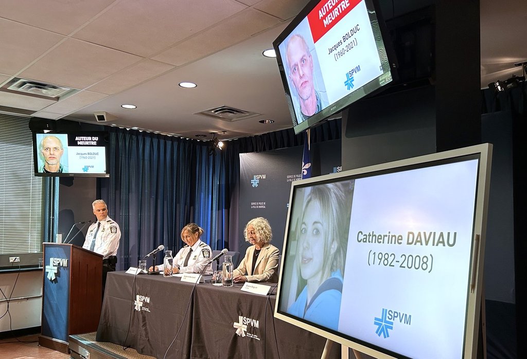 Montreal police Cmdr. Francois Sauve, left to right, Montreal police Cmdr. Melanie Dupont and Suzanne Marchand, senior executive director of the provincial crime lab, announce the resolution in the 2008 murder of Catherine Daviau during a news conference in Montreal, on Wednesday, Sept. 17, 2025. THE CANADIAN PRESS/Sidhartha Banerjee.