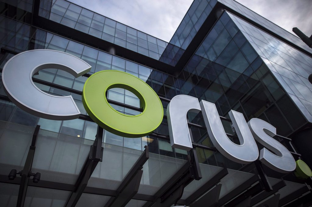 The Corus logo at Corus Quay in Toronto is shown in June 2018.