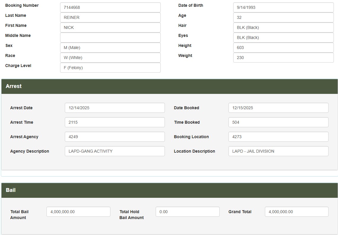 A screenshot of Nick Reiner’s booking records.