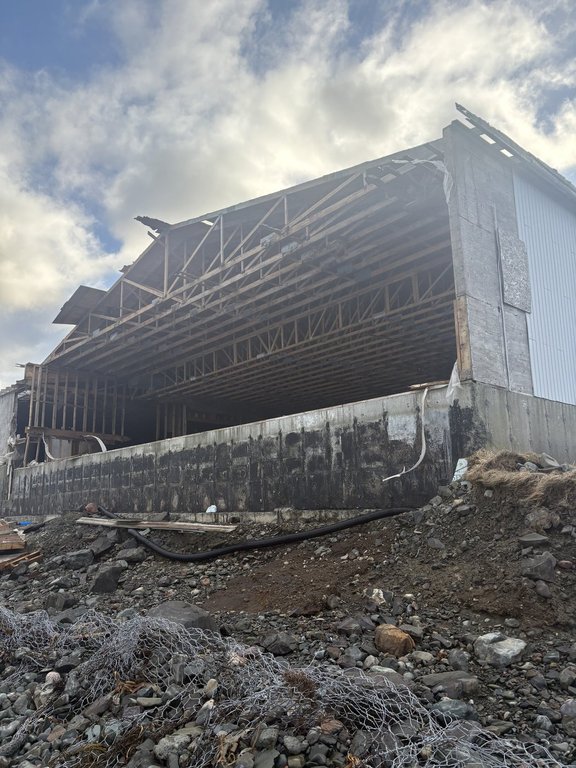 High winds tore the wall of this abandoned fish sauce plant in St. Mary's, N.L., shown on Jan, 17, 2026, leaving more than 100 oozing vats of fermented fish sauce exposed to the nearby ocean. THE CANADIAN PRESS/Handout - Steve Ryan (Mandatory Credit).