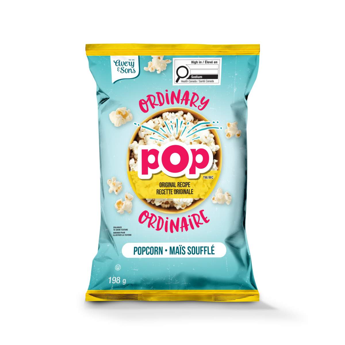 A bag of packaged popcorn displaying Health Canada’s front-of-package nutrition symbol, indicating the product is high in sodium.