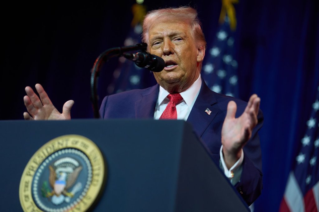 U.S. President Donald Trump speaks to House Republican lawmakers during their annual policy retreat, Tuesday, Jan. 6, 2026, in Washington. (AP Photo/Evan Vucci).
