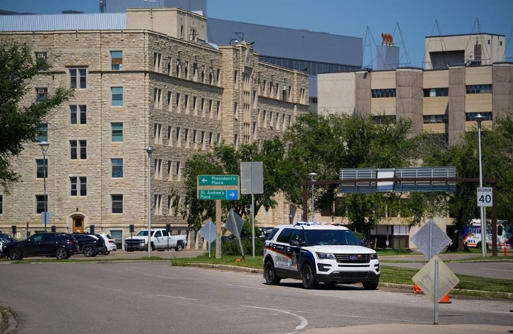 A police vehicle can be seen outside of the Royal University Hospital in Saskatoon.