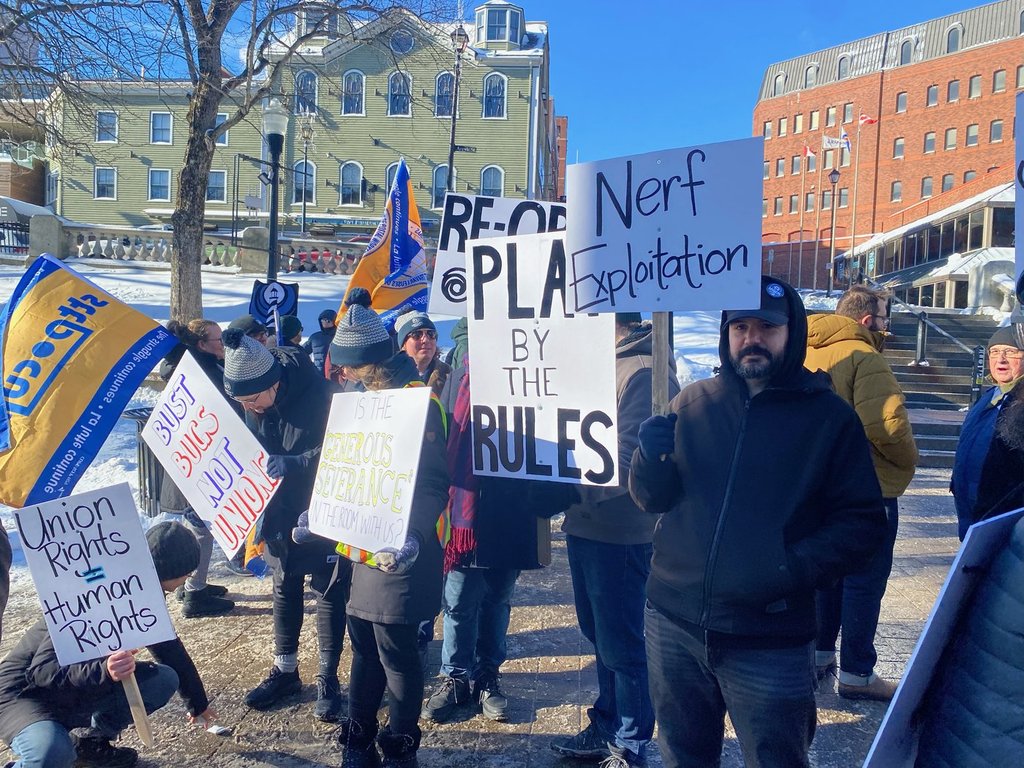 Laid-off Ubisoft workers take part in a rally in Halifax on Thursday, Jan. 29, 2026.